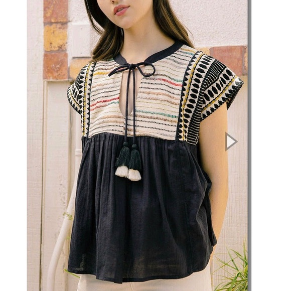 Anthro THML Black Embroidered Tassel Tie Babydoll Blouse Top - Picture 7 of 12